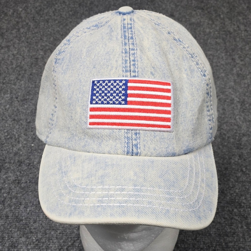 Vintage American Flag Patch Hat Strapback Light Blue Acid Wash Denim Dad Cap 90s